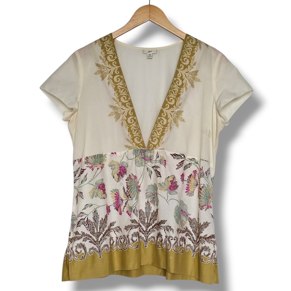 J. Jill Top MP Women Cream Floral Empire Waist Cotton Boho Cottage *Flaw Vtg Y2K